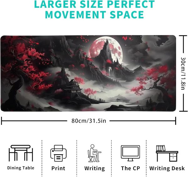 Japanese Desk Mat Red Full Moon Desk Pad Black Riverside Large Mouse Pad Gaming Mousepad Extended XL Keyboard Pad 31.5 x 11.8 in Laptop Computer Mouse Keyboard Mat for Office Desk Decor - Image 2