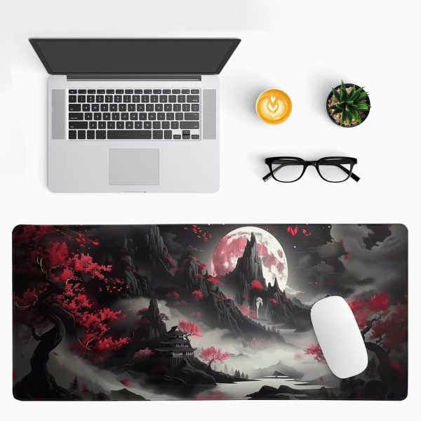 Japanese Desk Mat Red Full Moon Desk Pad Black Riverside Large Mouse Pad Gaming Mousepad Extended XL Keyboard Pad 31.5 x 11.8 in Laptop Computer Mouse Keyboard Mat for Office Desk Decor - Image 3