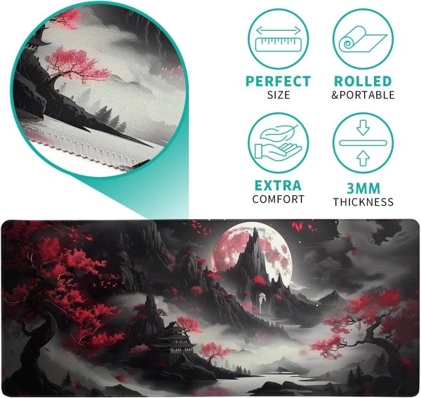 Japanese Desk Mat Red Full Moon Desk Pad Black Riverside Large Mouse Pad Gaming Mousepad Extended XL Keyboard Pad 31.5 x 11.8 in Laptop Computer Mouse Keyboard Mat for Office Desk Decor - Image 5