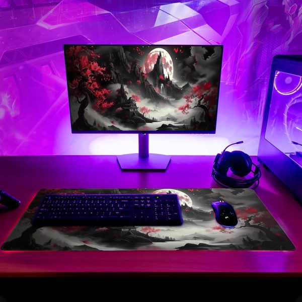 Japanese Desk Mat Red Full Moon Desk Pad Black Riverside Large Mouse Pad Gaming Mousepad Extended XL Keyboard Pad 31.5 x 11.8 in Laptop Computer Mouse Keyboard Mat for Office Desk Decor - Image 6